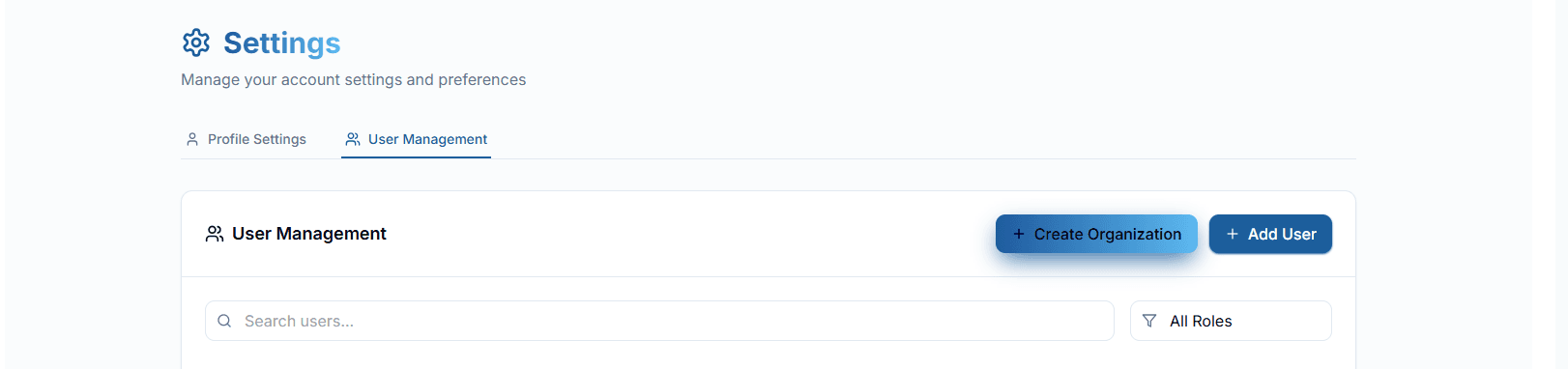 Add your organization — role cards and team workspace